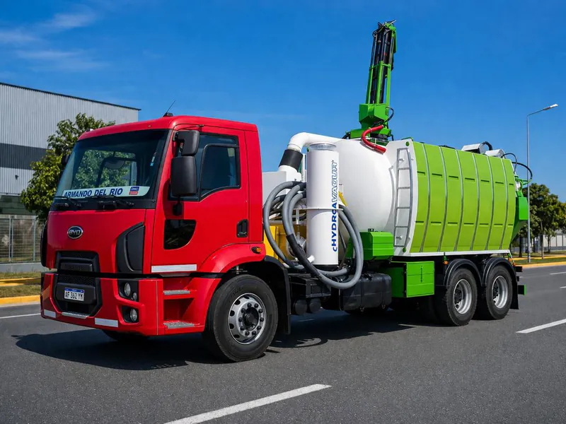 Camión de Económicos con cabina roja y equipo de succión con tanque verde, sobre una avenida